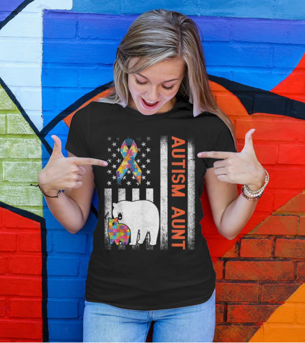 Autism Aunt Bears With Puzzle Ribbon On US Flag T-Shirt