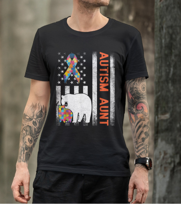 Autism Aunt Bears With Puzzle Ribbon On US Flag T-Shirt