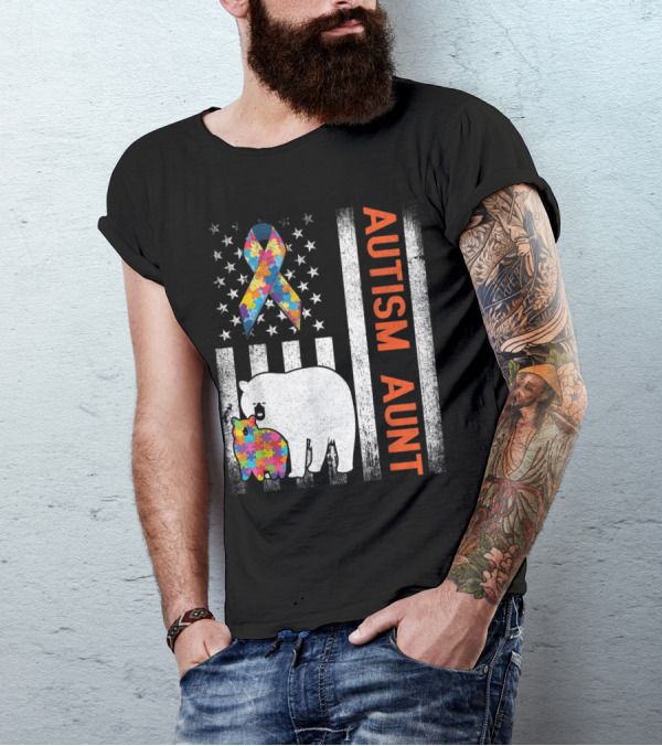 Autism Aunt Bears With Puzzle Ribbon On US Flag T-Shirt