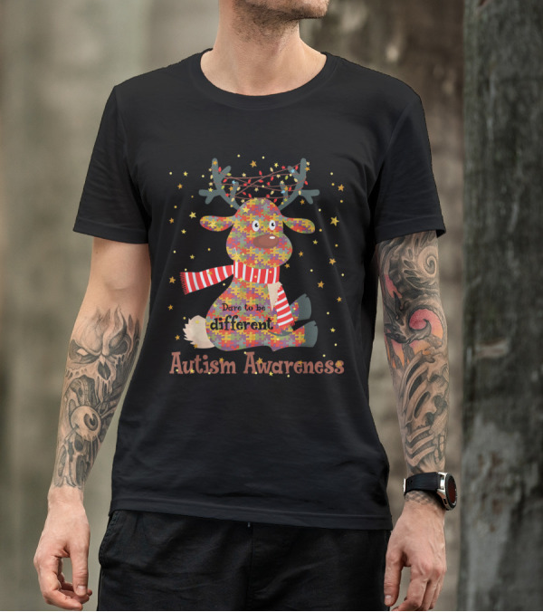 Autism Awareness Dare To Be Different Christmas Reindeer T-Shirt