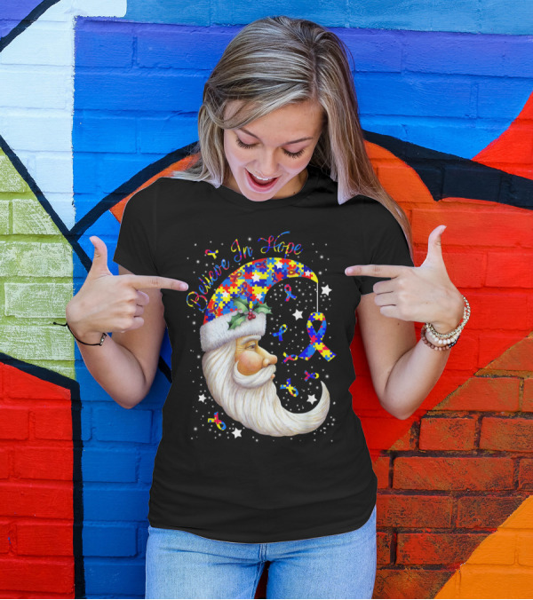 Believe In Hope Puzzle Piece Santa Moon Autism Awareness T-Shirt