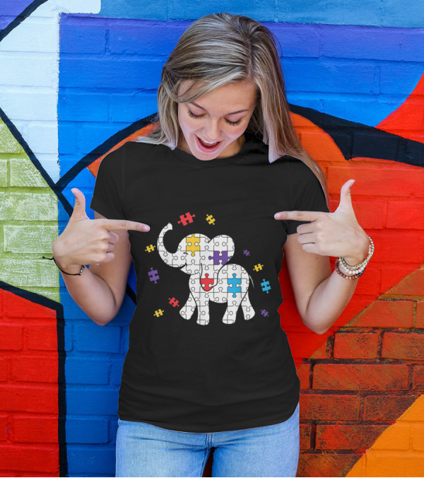 Elephant Autism Awareness Puzzle Proud Autist Colorful Pieces T-Shirt