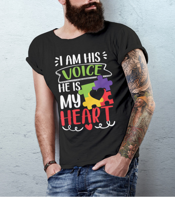 I Am His Voice He Is My Heart Autism Awareness Puzzle Pieces T-Shirt