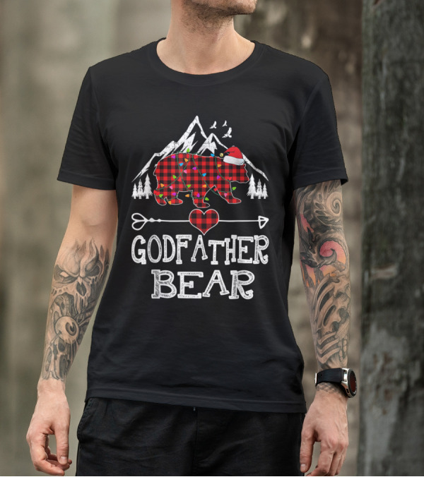 Godfather Bear Christmas Red Plaid Buffalo Family Santa Hat Arrow Heart Mountains T-Shirt