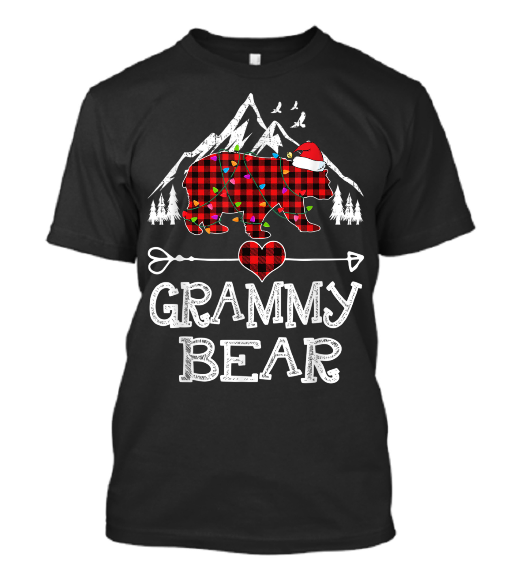 Grammy Bear Christmas Red Plaid Buffalo With Santa Hat And Holiday Lights In Mountain Forest T-Shirt