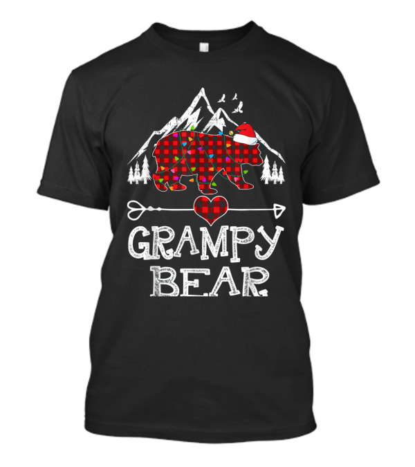 Grampy Bear Christmas Red Plaid Buffalo Family Mountains Santa Hat T-Shirt