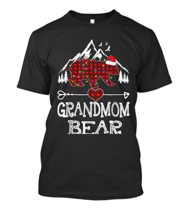 Grandmom Bear Christmas Red Plaid Buffalo With Santa Hat And Heart Arrow T-Shirt