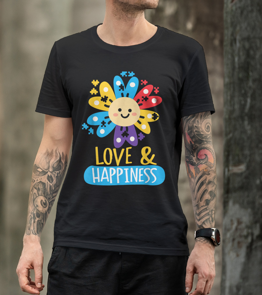 Love And Happiness Colorful Sunflower Puzzle Autist Awareness T-Shirt