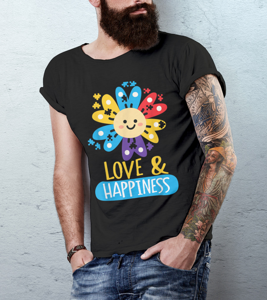 Love And Happiness Colorful Sunflower Puzzle Autist Awareness T-Shirt