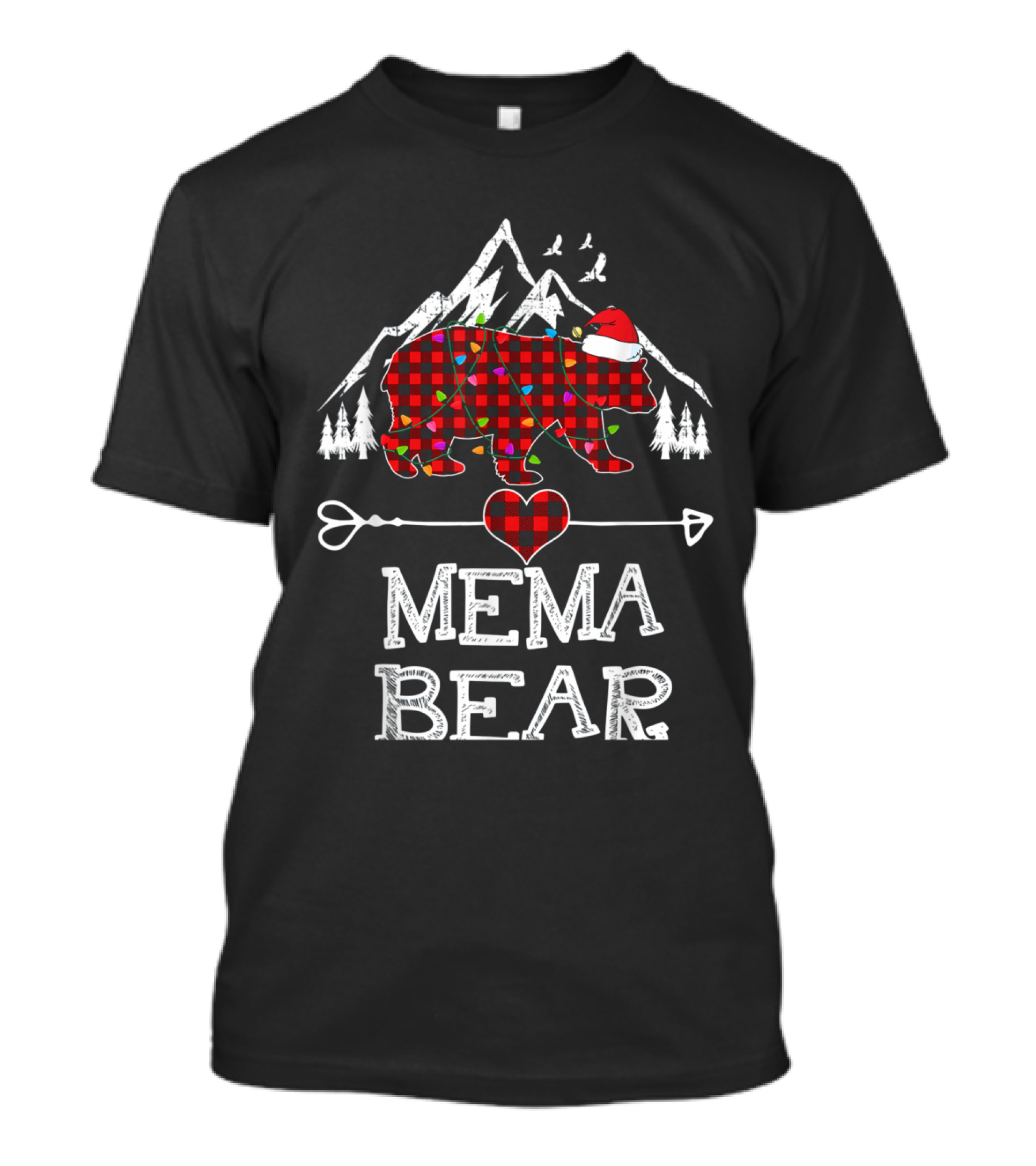 Mema Bear Christmas Red Plaid Santa Hat Arrow Heart Buffalo Family T-Shirt