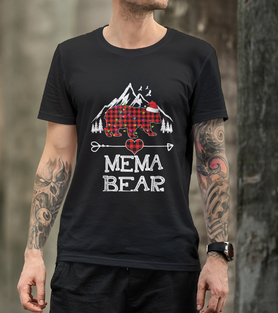 Mema Bear Christmas Red Plaid Santa Hat Arrow Heart Buffalo Family T-Shirt