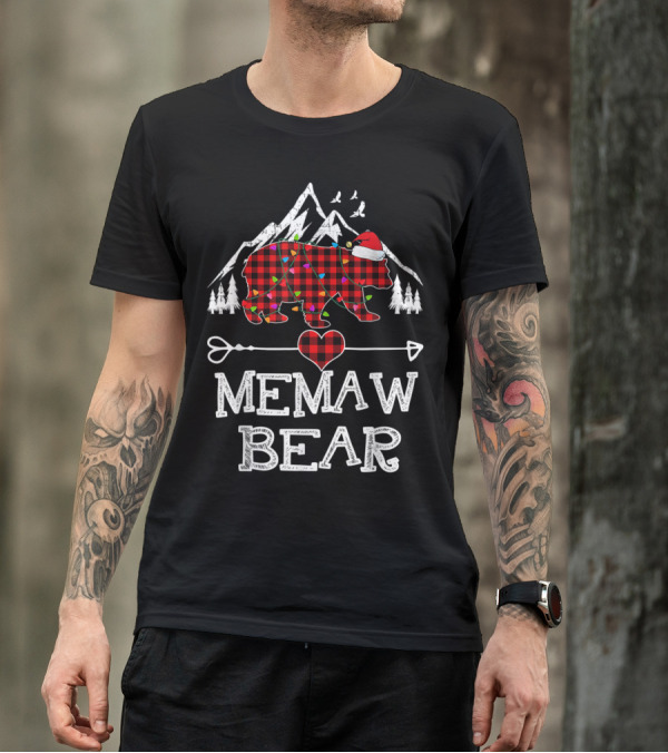 Memaw Bear Christmas Red Plaid Buffalo Family Santa Hat Mountains Trees T-Shirt