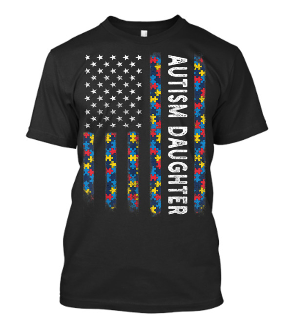 Proud Daughter Autism Flag Puzzle Pieces USA American Flag Awareness T-Shirt