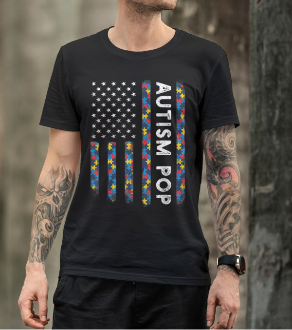 Autism Pop Puzzle Piece USA American Flag T-Shirt