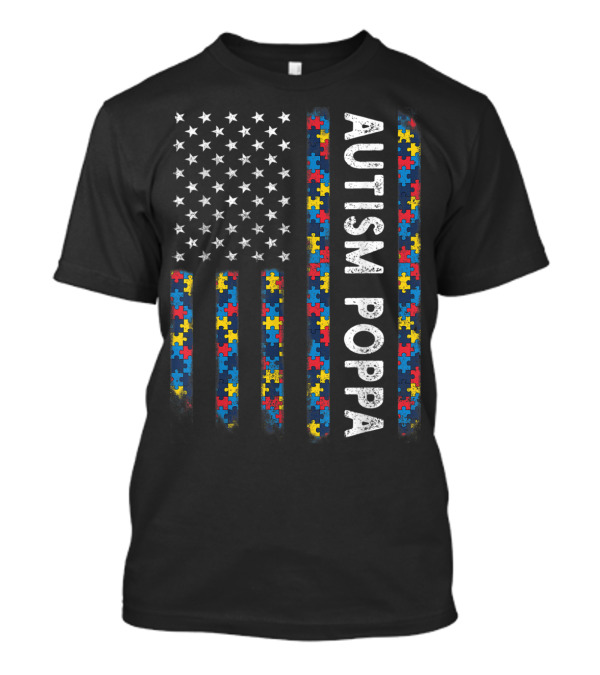 Autism Poppa Puzzle Piece American Flag T-Shirt