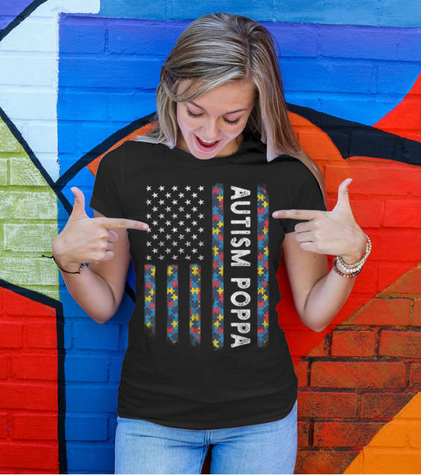 Autism Poppa Puzzle Piece American Flag T-Shirt