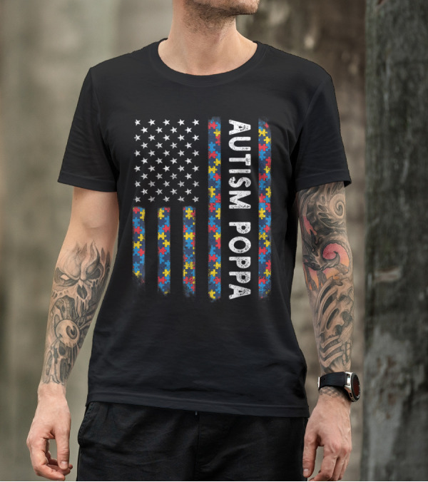 Autism Poppa Puzzle Piece American Flag T-Shirt