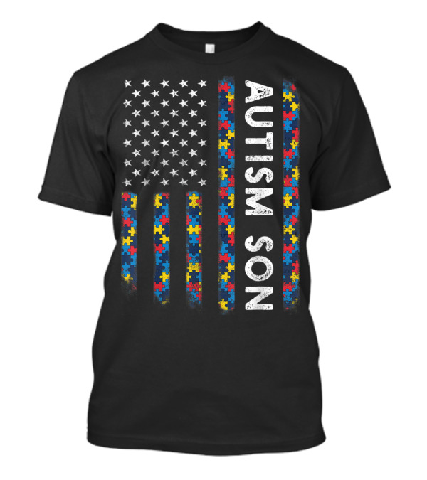 Proud Autism Son American Flag USA Awareness Puzzle T-Shirt