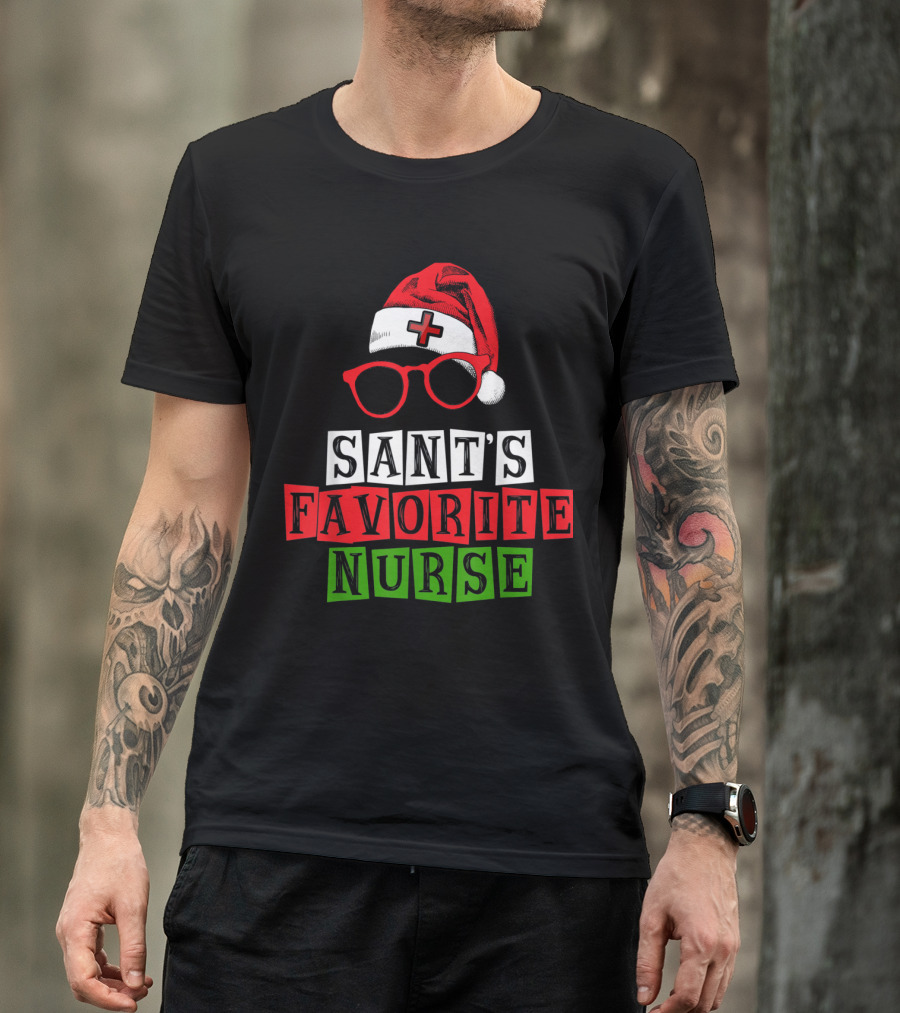 Santa's Favorite Nurse Christmas Funny Crew Santa Hat Glasses T-Shirt