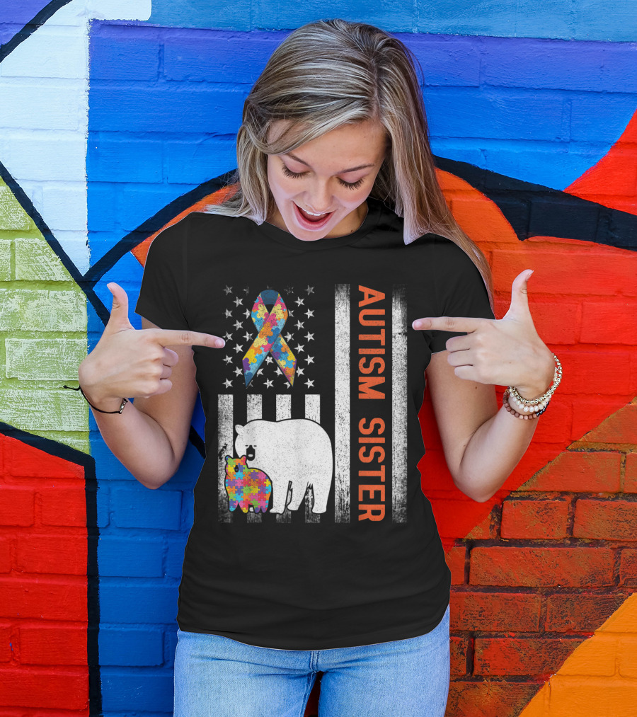 Autism Sister US Flag Puzzle Bears T-Shirt