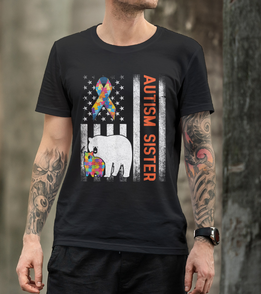 Autism Sister US Flag Puzzle Bears T-Shirt