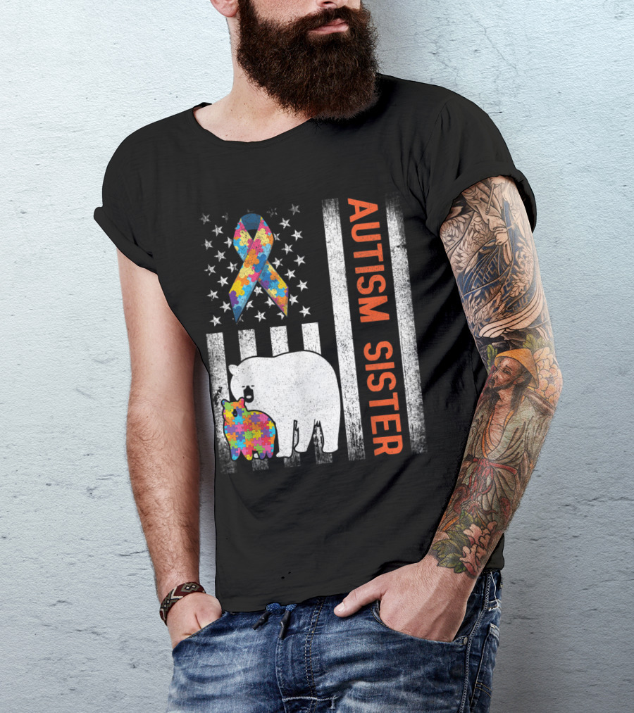 Autism Sister US Flag Puzzle Bears T-Shirt