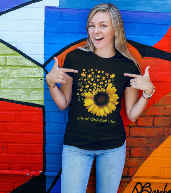 Sunflower Autism Awareness Accept Understand Love Puzzle Pieces T-Shirt