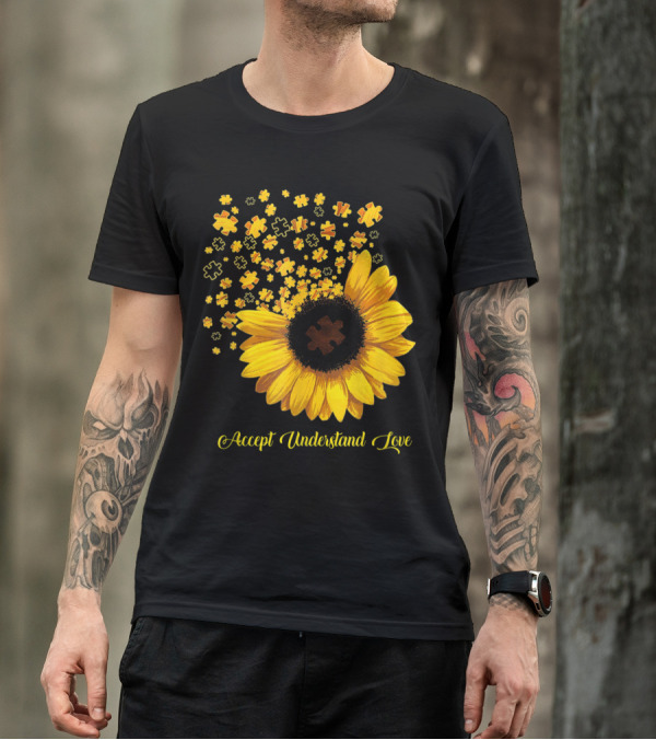Sunflower Autism Awareness Accept Understand Love Puzzle Pieces T-Shirt