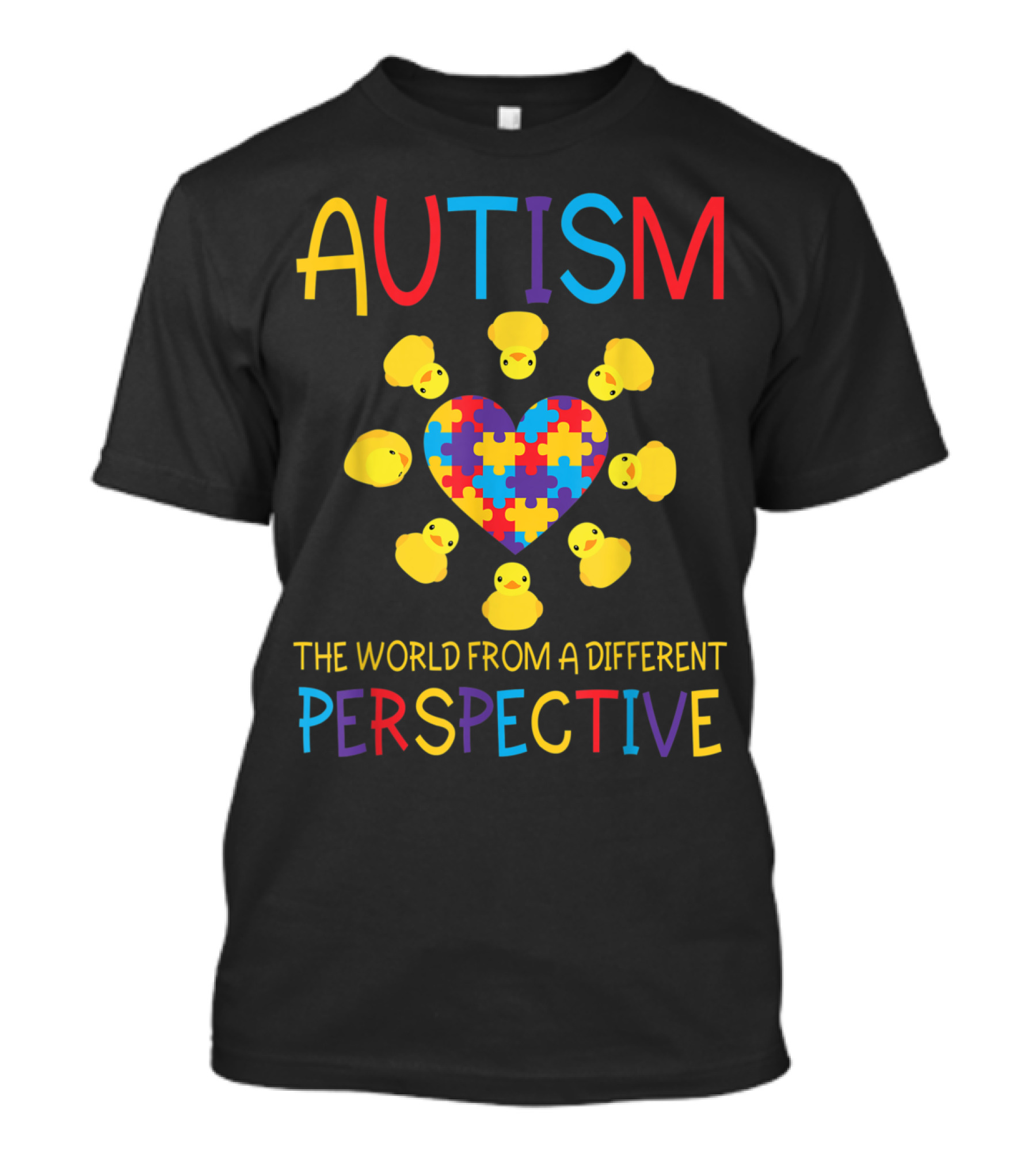 Autism Awareness The World From A Different Perspective With Puzzle Heart And Yellow Ducks T-Shirt