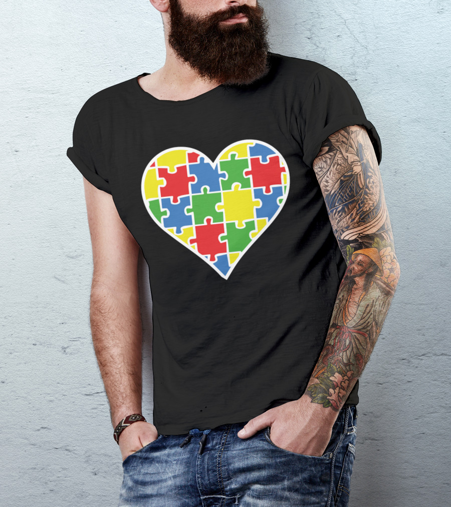 Heart Autism Puzzle Colorful Pieces T-Shirt