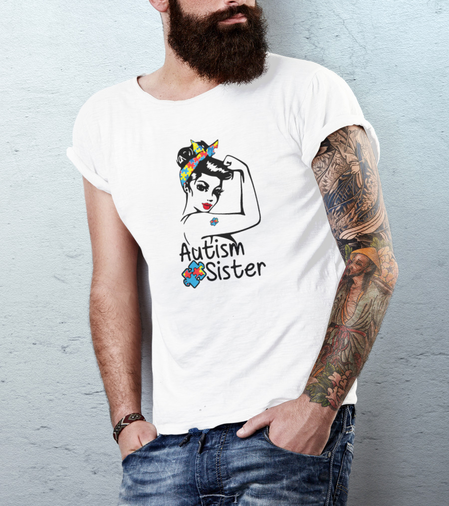 Autism Sister Puzzle Ribbon Rosie The Riveter T-Shirt