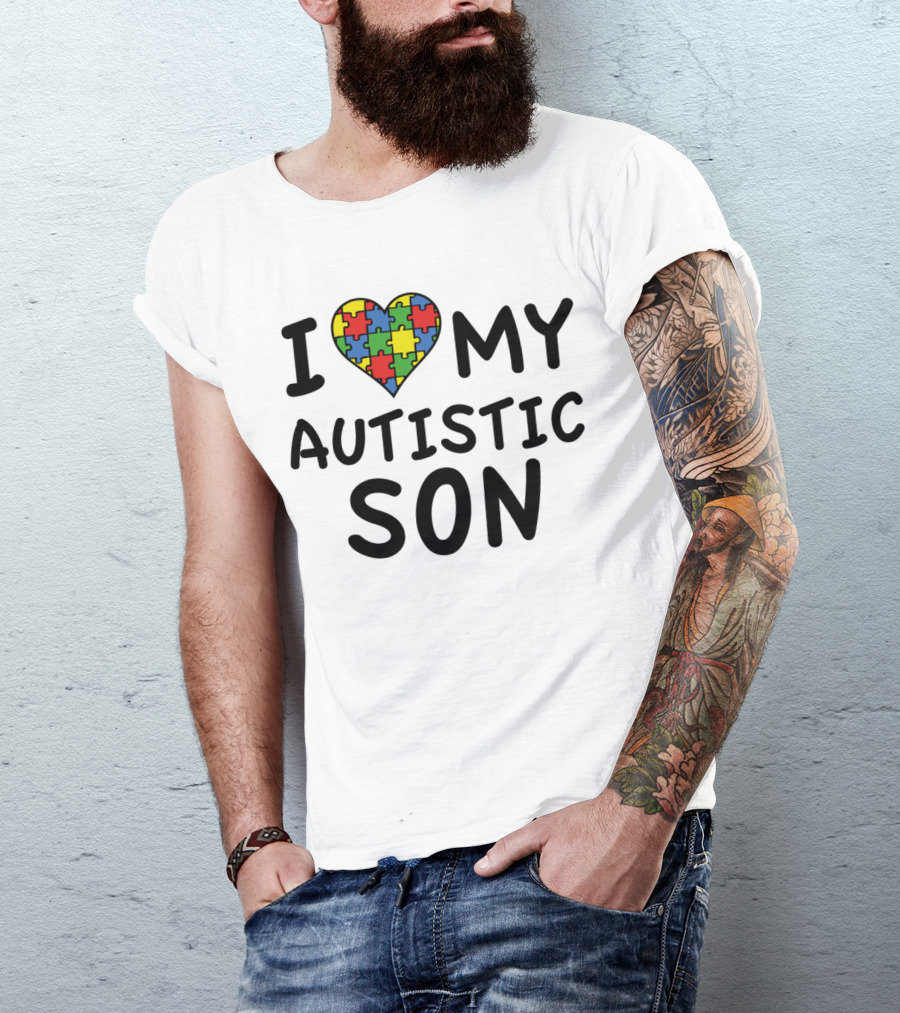 I Heart Puzzle Pattern Love My Autistic Son T-Shirt