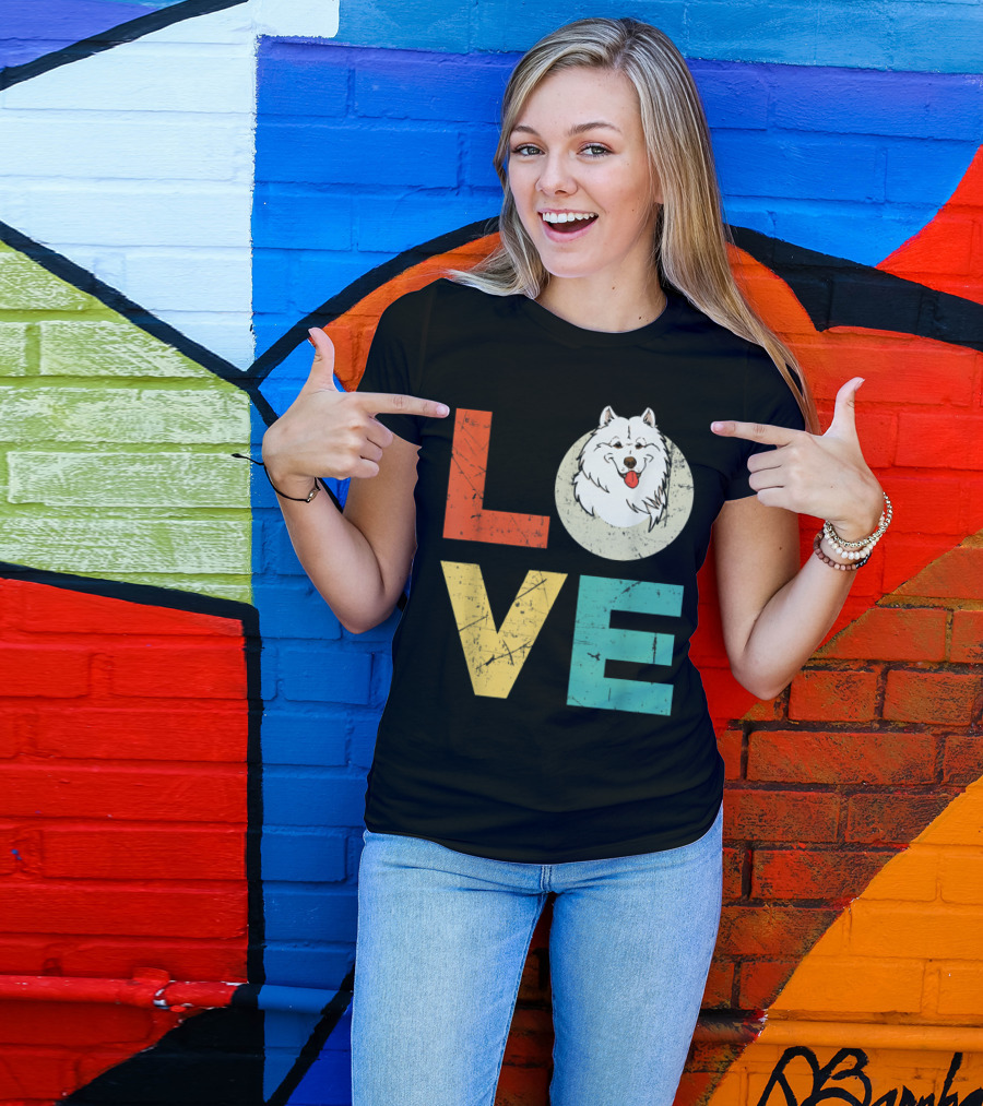 Funny American Eskimo Love Heart Xmas Valentines Day Dog Face In Letters T-Shirt
