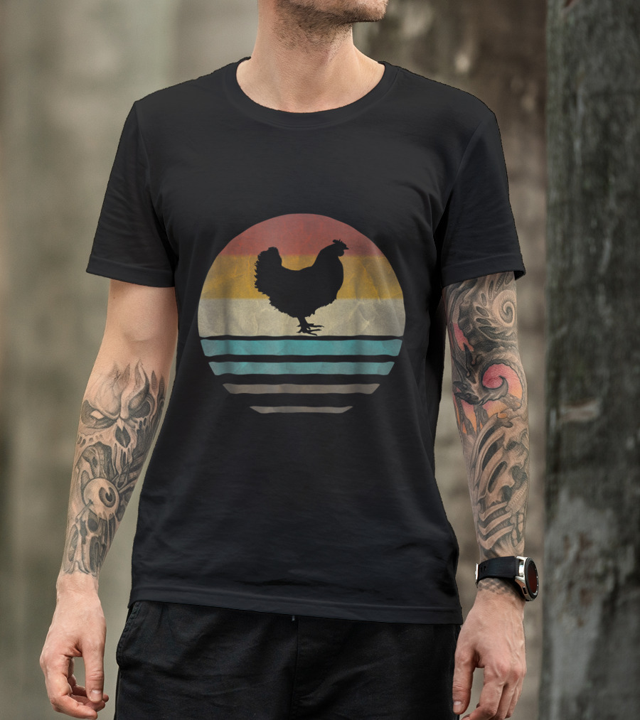 Retro Vintage Chicken Silhouette Funny Farm Poultry Farmer Stripes T-Shirt