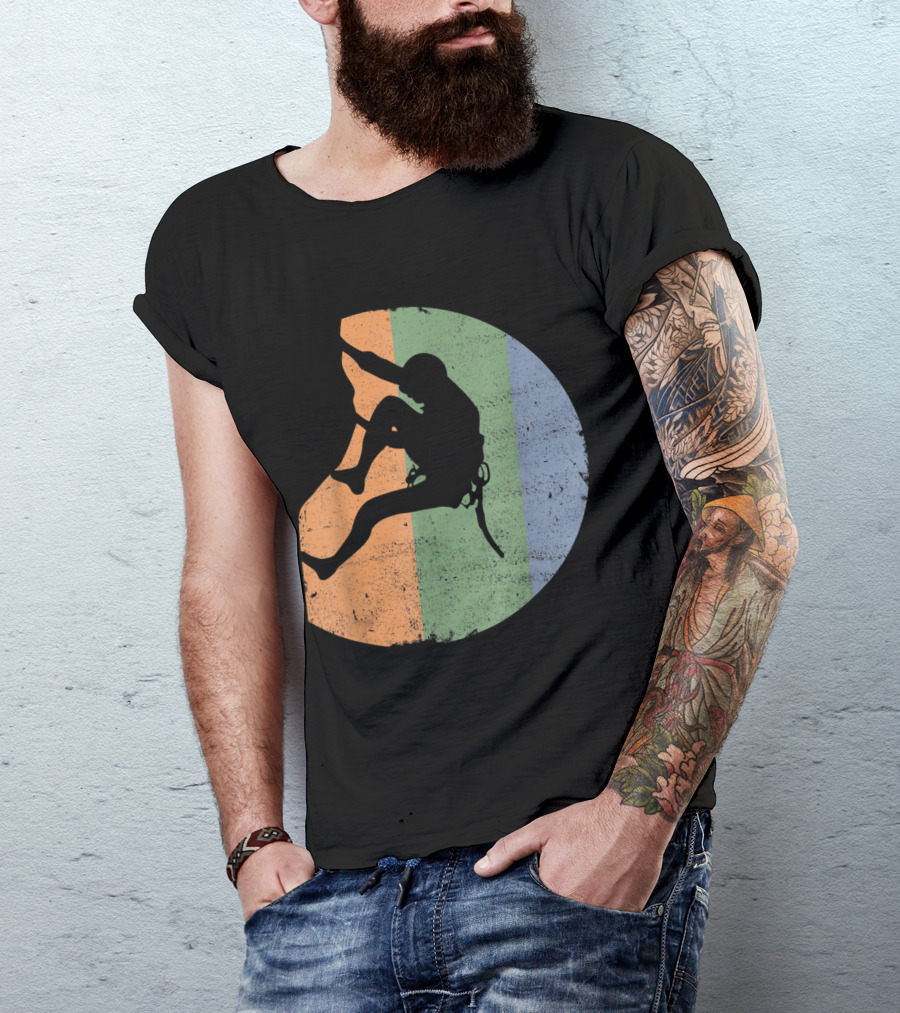 Rock Climbing Vintage Climber Outdoor Gear Silhouette Retro Stripes T-Shirt