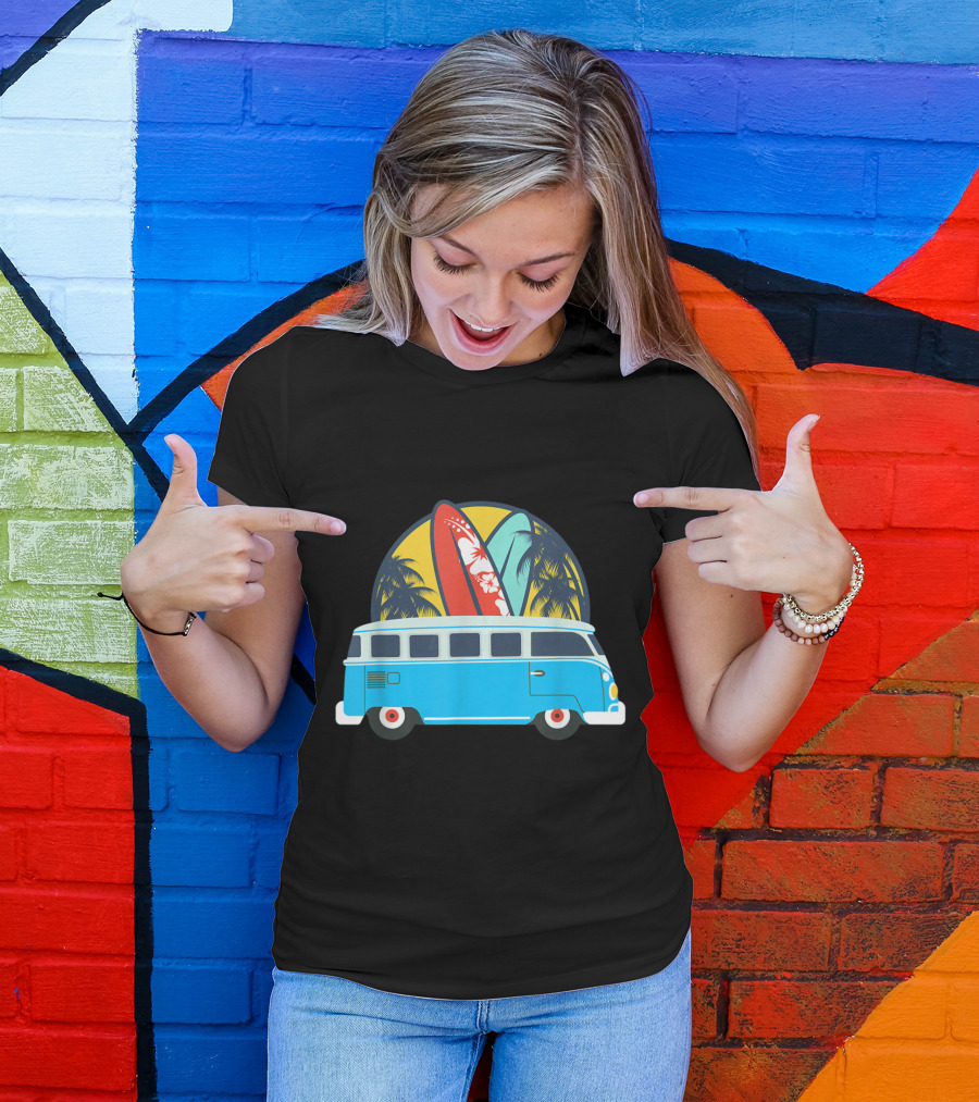 Summer Van Surf Adventure With Palm Trees And Surfboards T-Shirt