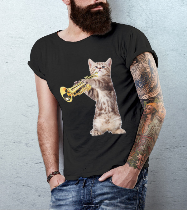 Vintage Cat Playing Trumpet For Birthday Christmas T-Shirt