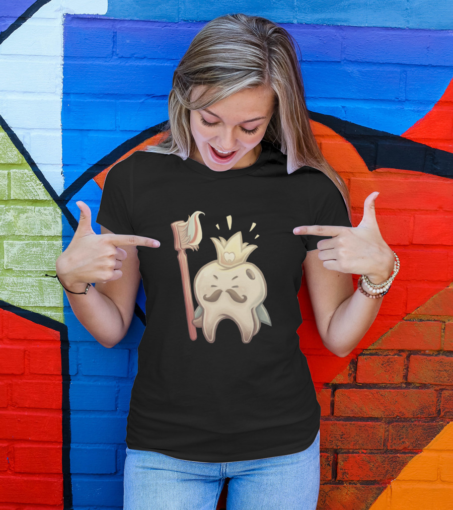King Toof Toothbrush Crown Mustache Cartoon Character T-Shirt
