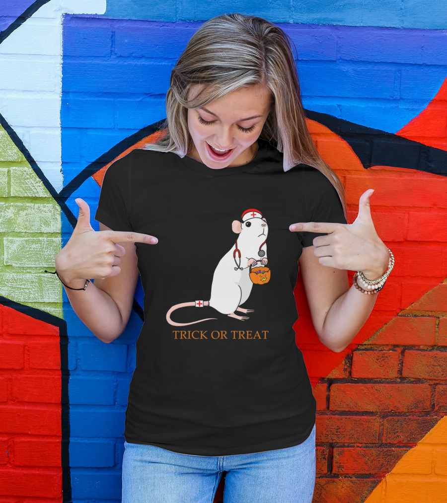Trick Or Treat Halloween Rat Nurse With Pumpkin Bucket T-Shirt