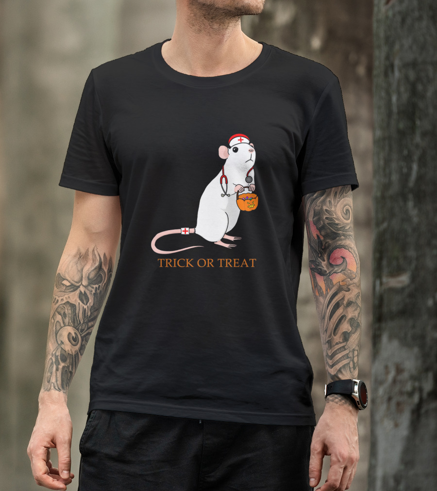 Trick Or Treat Halloween Rat Nurse With Pumpkin Bucket T-Shirt