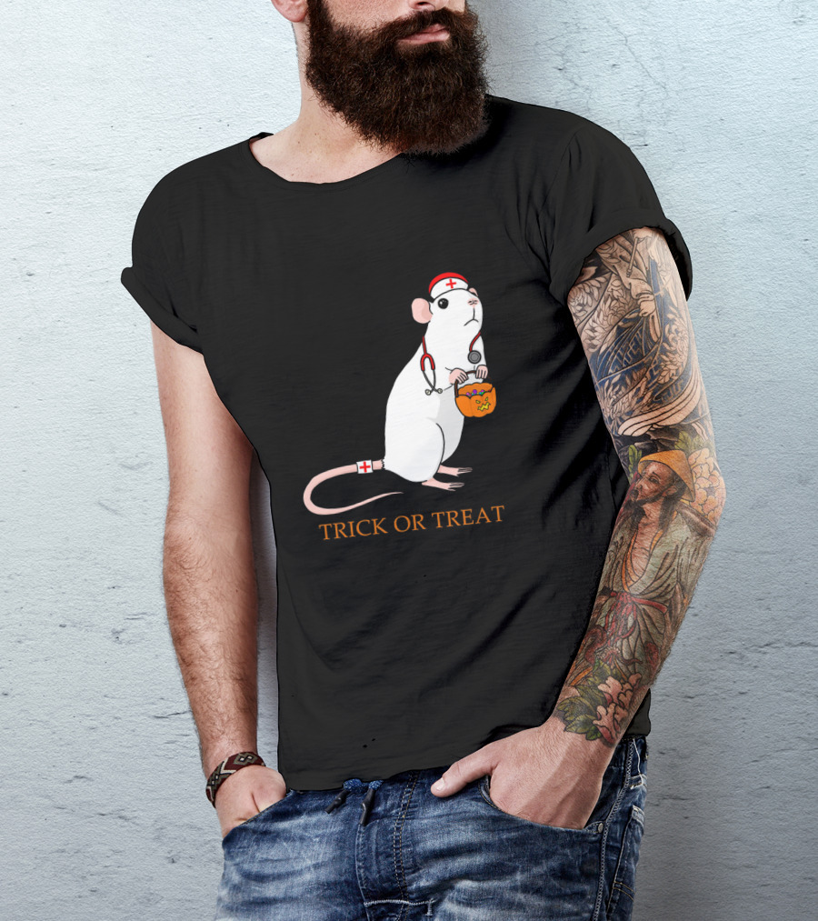 Trick Or Treat Halloween Rat Nurse With Pumpkin Bucket T-Shirt