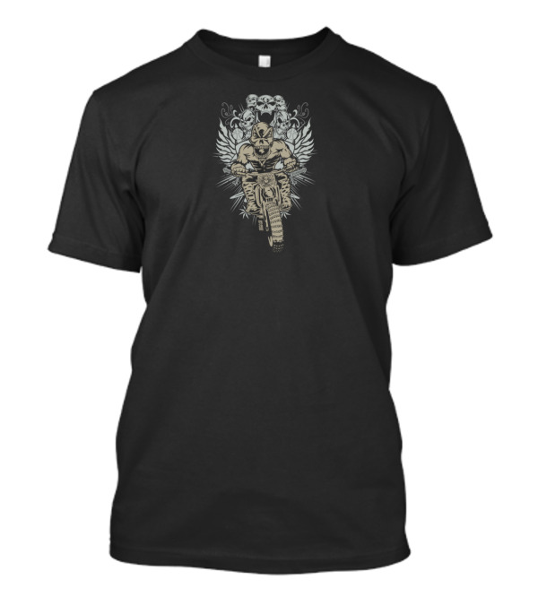 Dirtbike Rider With Winged Skull Motif And Screaming Skulls Background T-Shirt