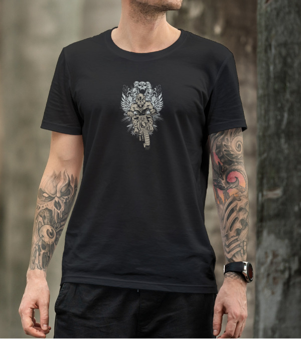 Dirtbike Rider With Winged Skull Motif And Screaming Skulls Background T-Shirt