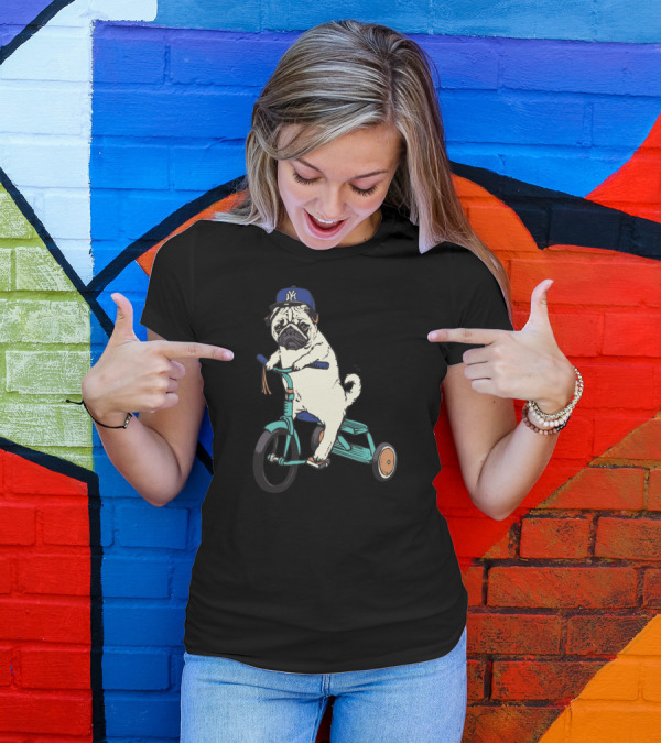 Pug With NY Cap Riding Tricycle T-Shirt