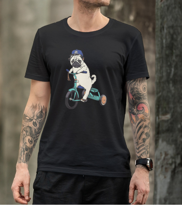 Pug With NY Cap Riding Tricycle T-Shirt