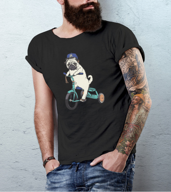 Pug With NY Cap Riding Tricycle T-Shirt