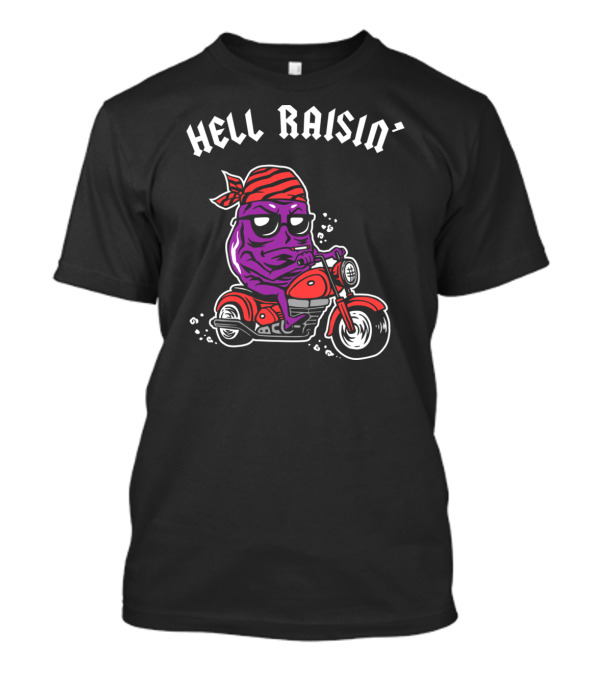 HELL RAISIN' Purple Raisin Biker With Red Bandana Riding Red Motorcycle T-Shirt