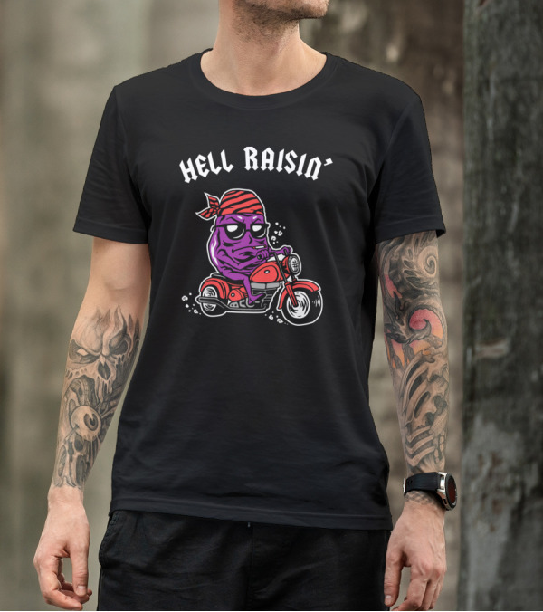 HELL RAISIN' Purple Raisin Biker With Red Bandana Riding Red Motorcycle T-Shirt