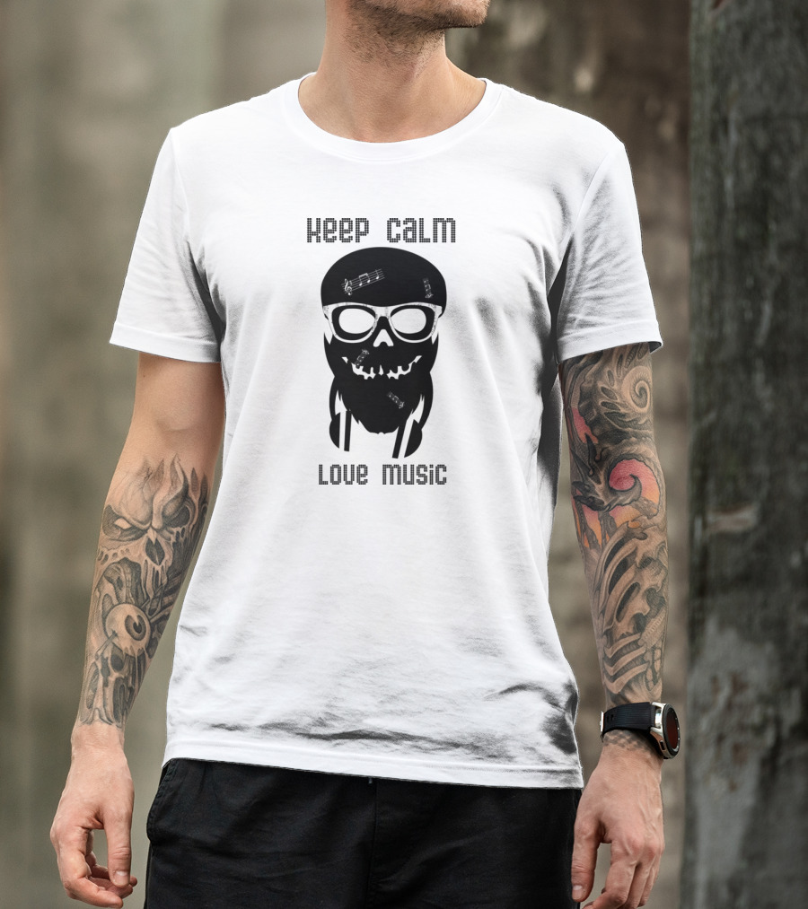 Keep Calm And Love Music Skull With Glasses And Musical Notes T-Shirt