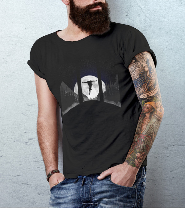 MTB Moon Trick Forest Silhouette Cyclist Night Scene T-Shirt